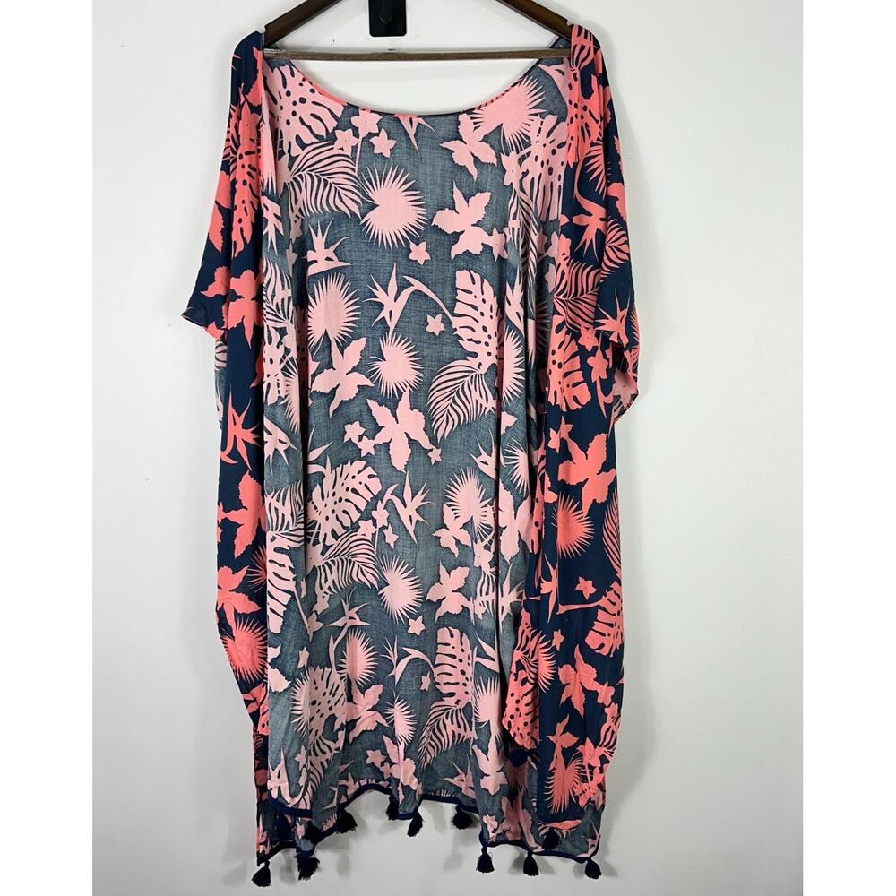 Salt Life Kimono Cover Up Womens OSFM Pink Navy Tropical Floral Tassel Beach